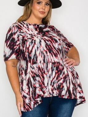 New Curvy Lovey Black & Red Tie Dye Print Top With Ruffle Hem